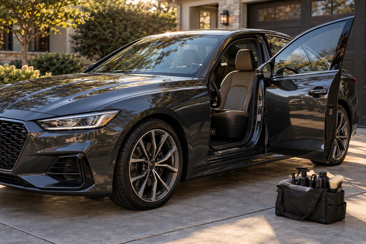 Illustrative photo of a clean dark car with its driver door open in a driveway