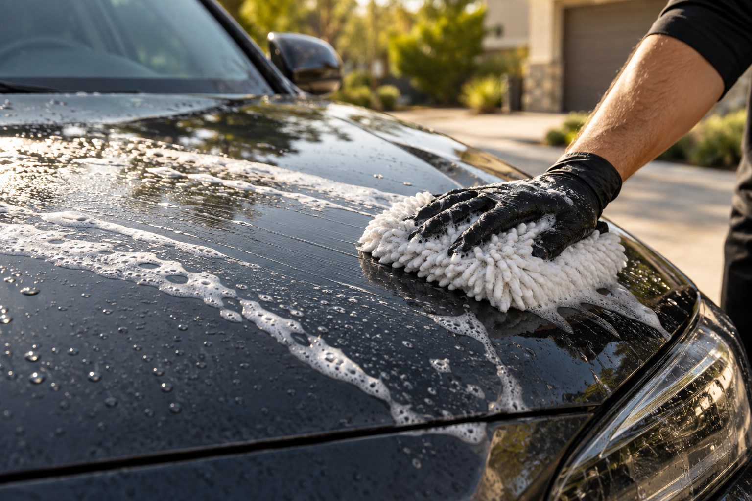 Illustrative photo of a microfiber mitt hand washing a dark car