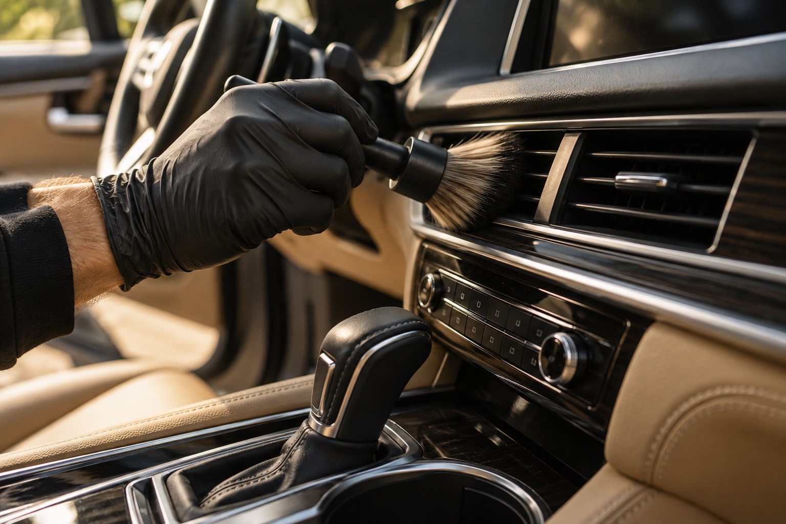 Illustrative photo of a detail brush cleaning a car vent and console